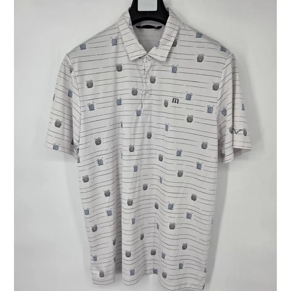 Travis Mathew Polo Shirt Mens XL White‎ Golf Cocktail Print Striped Short Sleeve